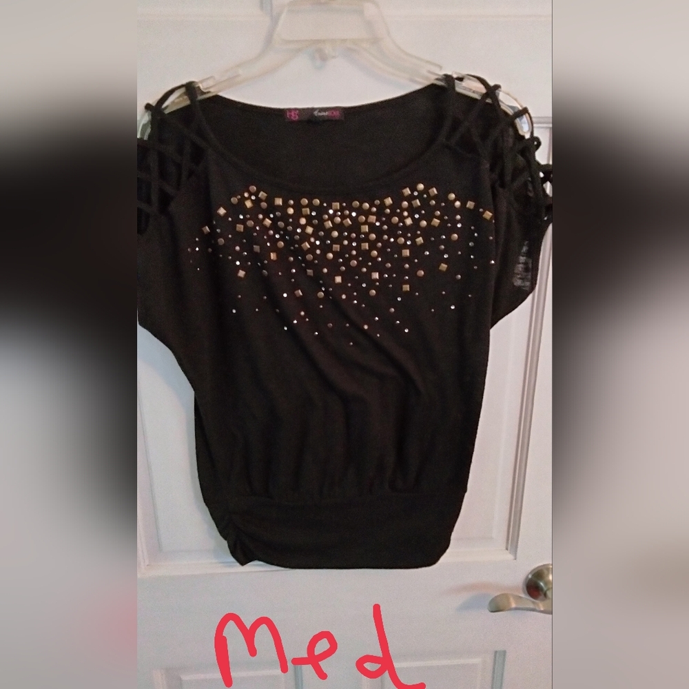 HeartSoul Black Short Sleeve Top with Gold Stud Accents